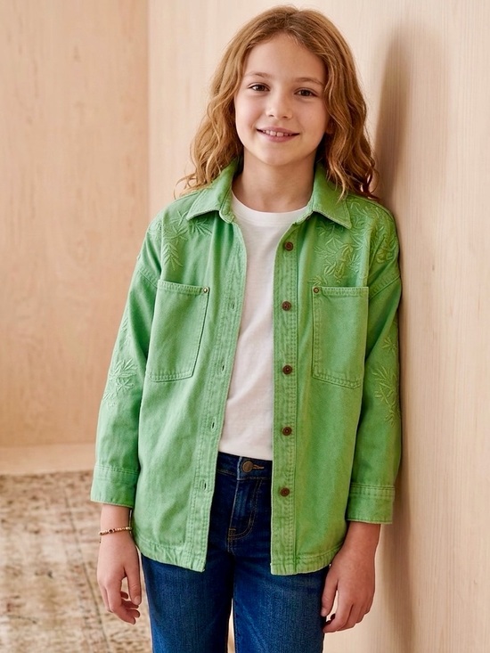 Zara Other - Zara Green Embroidered Snap-Front Denim Shirt Jacket Size 9-10